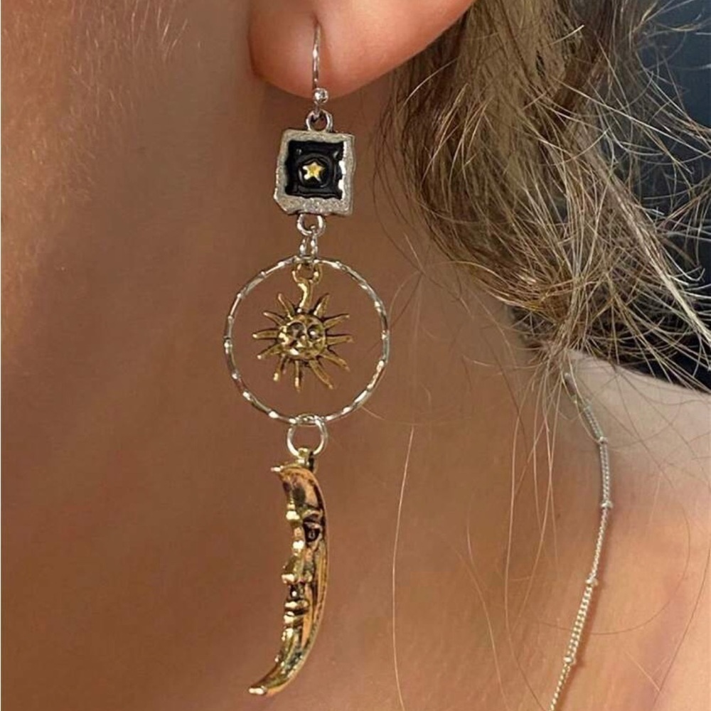 Bronze Moon Sun Asymmetrical Earrings